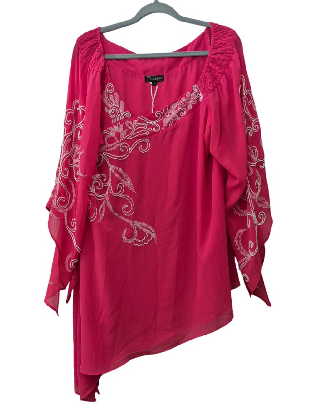 Tunique Asymmetric Tunic Top Women Size M Embroidered Sheer Sleeve Pink